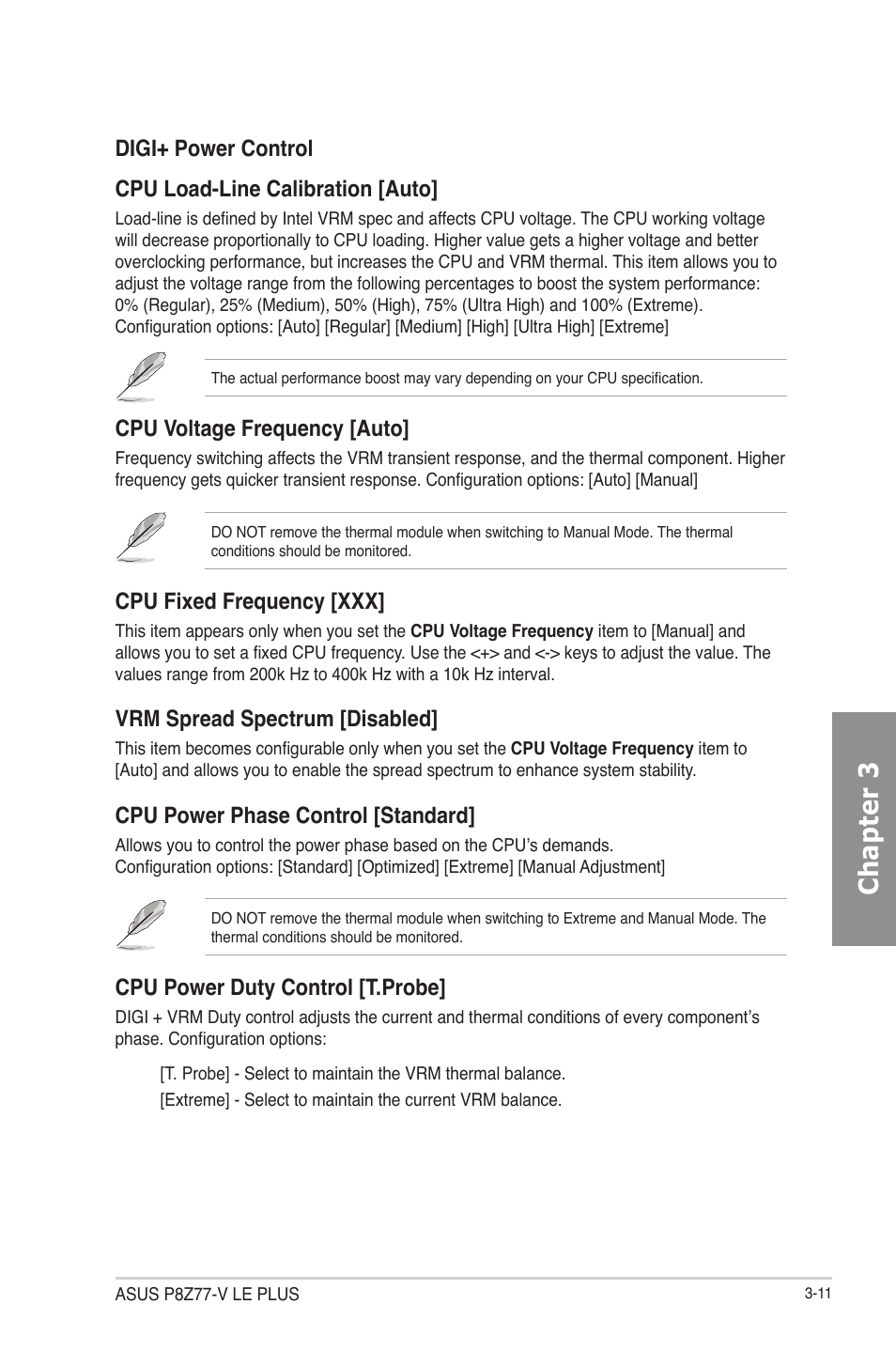 Chapter 3, Cpu voltage frequency [auto, Cpu fixed frequency [xxx | Vrm spread spectrum [disabled, Cpu power phase control [standard, Cpu power duty control [t.probe | Asus P8Z77-V LE PLUS User Manual | Page 77 / 174