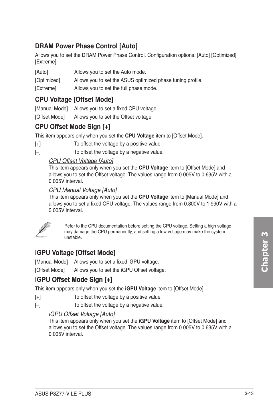 Chapter 3, Dram power phase control [auto, Cpu voltage [offset mode | Cpu offset mode sign, Igpu voltage [offset mode, Igpu offset mode sign [+] pu offset mode sign | Asus P8Z77-V LE PLUS User Manual | Page 79 / 174