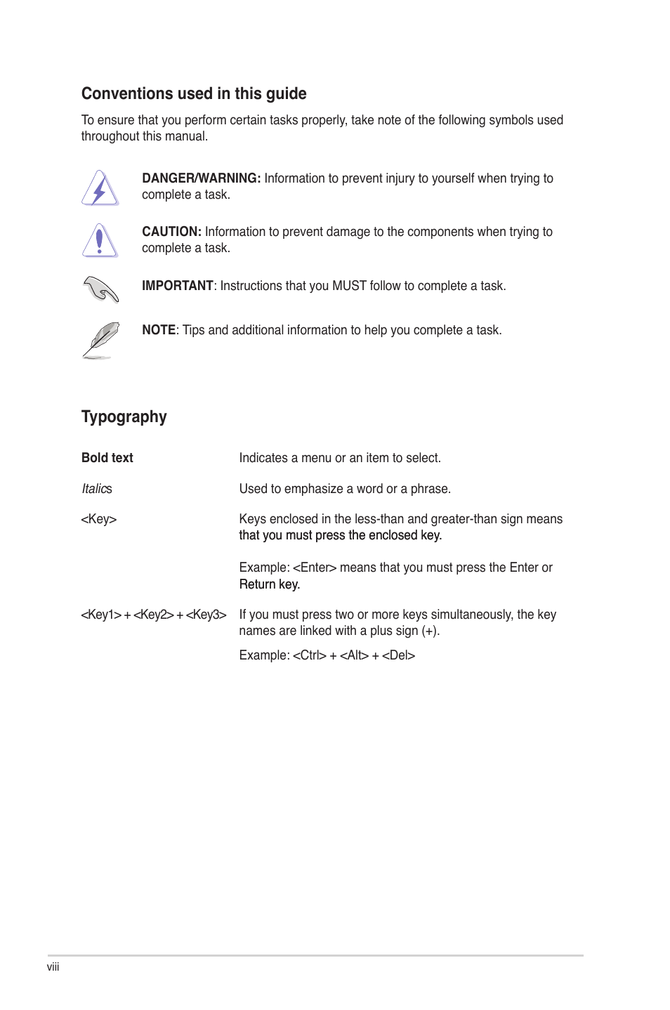 Conventions used in this guide, Typography | Asus P8Z77-V LE PLUS User Manual | Page 8 / 174