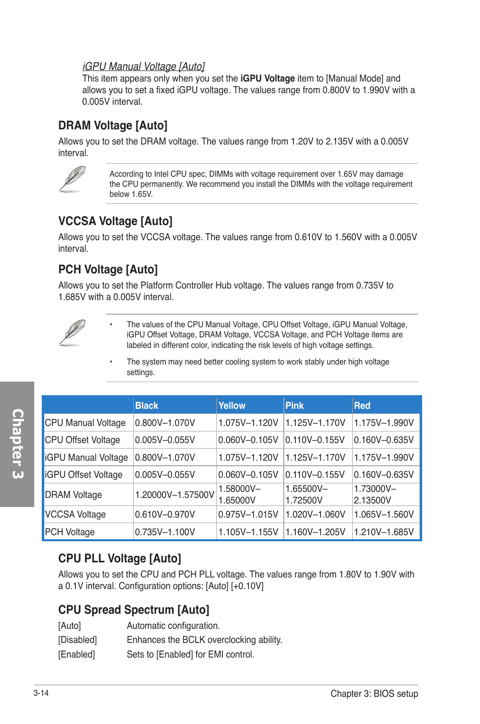 Chapter 3, Dram voltage [auto, Vccsa voltage [auto | Pch voltage [auto, Cpu pll voltage [auto, Cpu spread spectrum [auto | Asus P8Z77-V LE PLUS User Manual | Page 80 / 174