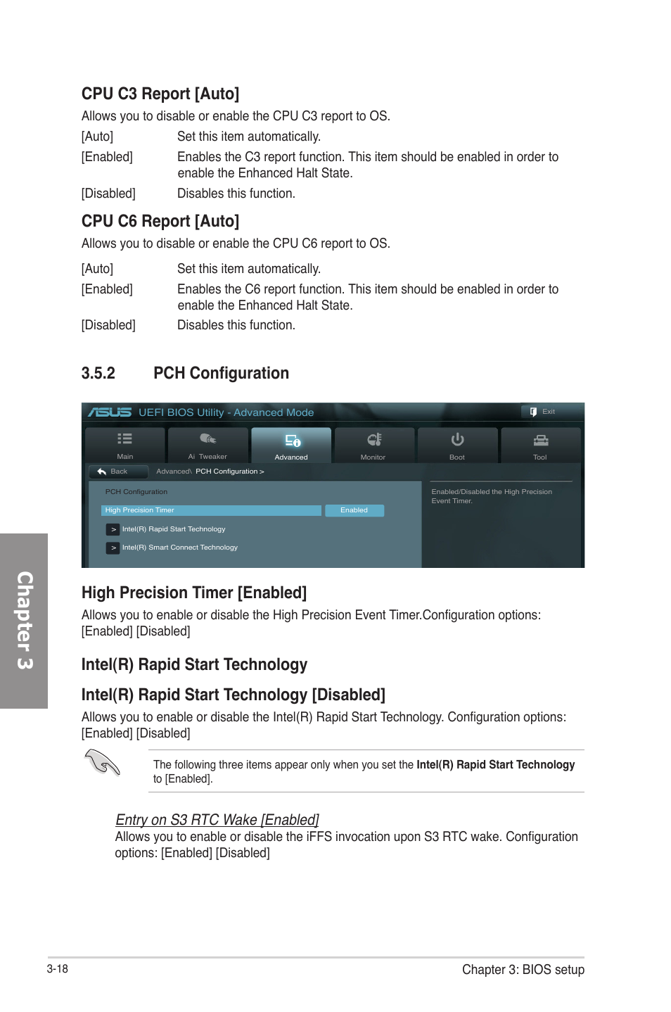 2 pch configuration, Pch configuration -18, Chapter 3 | Cpu c3 report [auto, Cpu c6 report [auto, 2 pch configuration high precision timer [enabled, Entry on s3 rtc wake [enabled | Asus P8Z77-V LE PLUS User Manual | Page 84 / 174