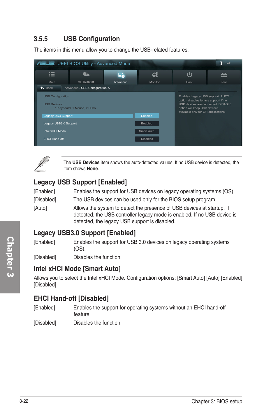 5 usb configuration, Usb configuration -22, Chapter 3 | Legacy usb support [enabled, Legacy usb3.0 support [enabled, Intel xhci mode [smart auto, Ehci hand-off [disabled, Chapter 3: bios setup | Asus P8Z77-V LE PLUS User Manual | Page 88 / 174