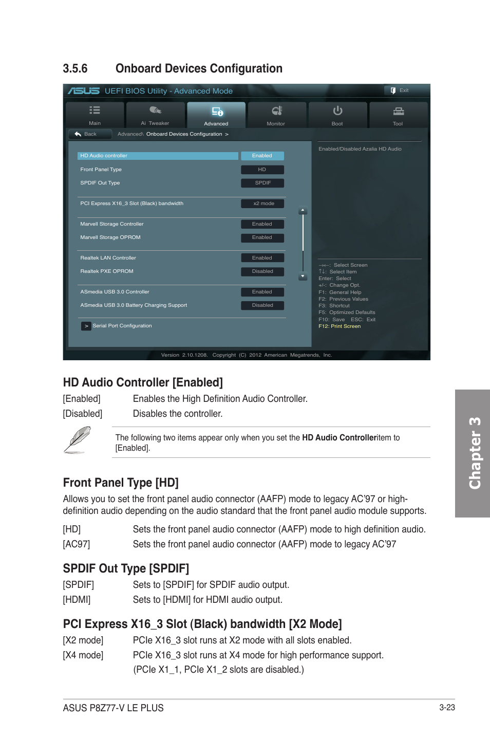 6 onboard devices configuration, Onboard devices configuration -23, Chapter 3 | Hd audio controller [enabled, Front panel type [hd, Spdif out type [spdif, Pci express x16_3 slot (black) bandwidth [x2 mode, Asus p8z77-v le plus | Asus P8Z77-V LE PLUS User Manual | Page 89 / 174