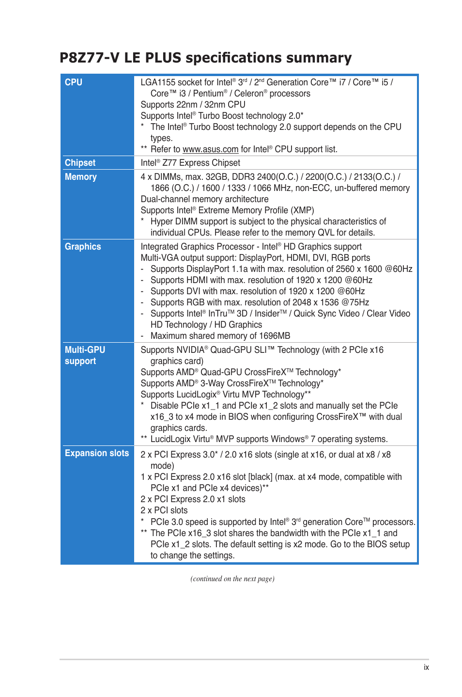 P8z77-v le plus specifications summary | Asus P8Z77-V LE PLUS User Manual | Page 9 / 174