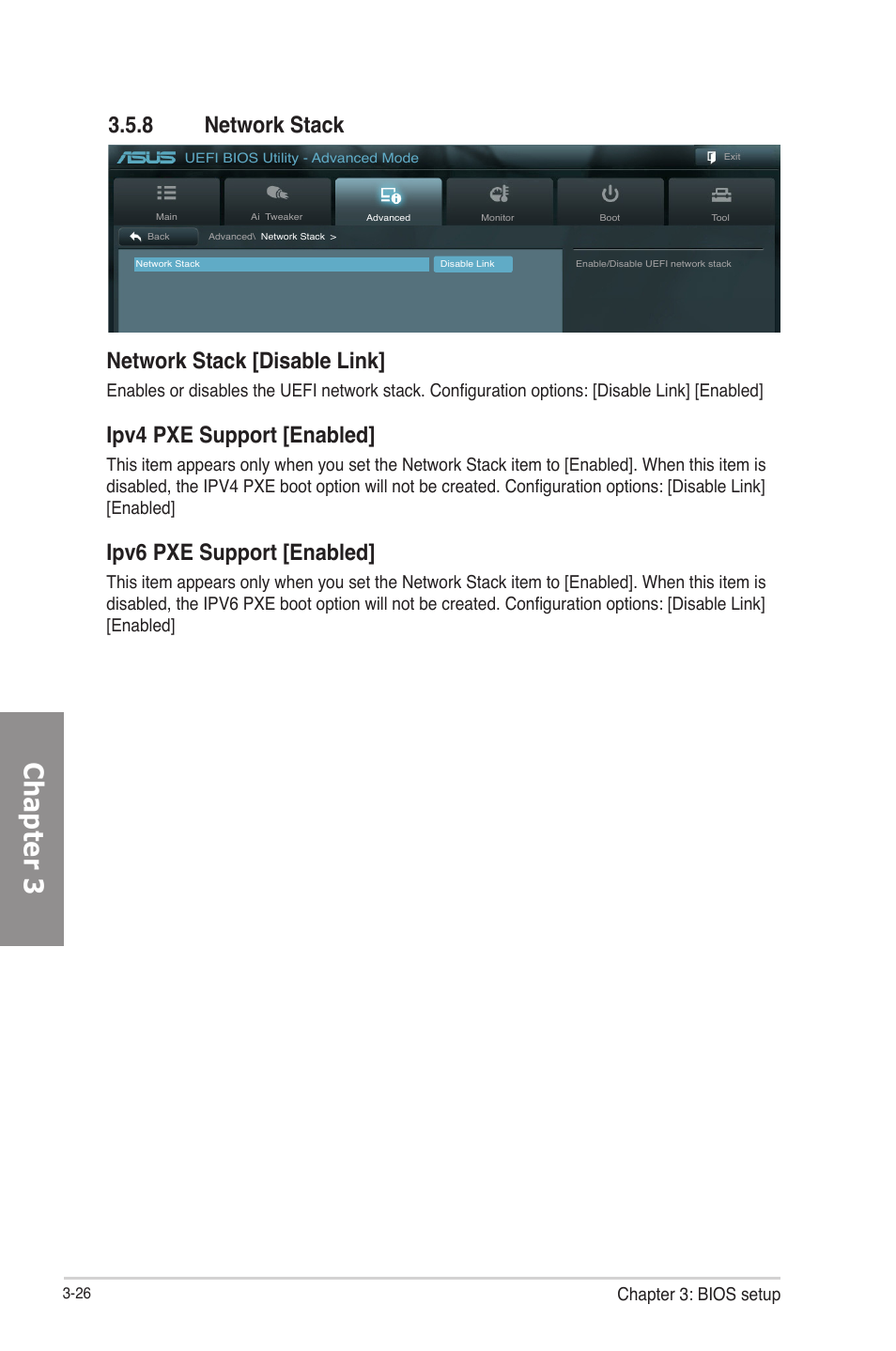 8 network stack, Network stack -26, Chapter 3 | Network stack [disable link, Ipv4 pxe support [enabled, Ipv6 pxe support [enabled, Chapter 3: bios setup | Asus P8Z77-V LE PLUS User Manual | Page 92 / 174