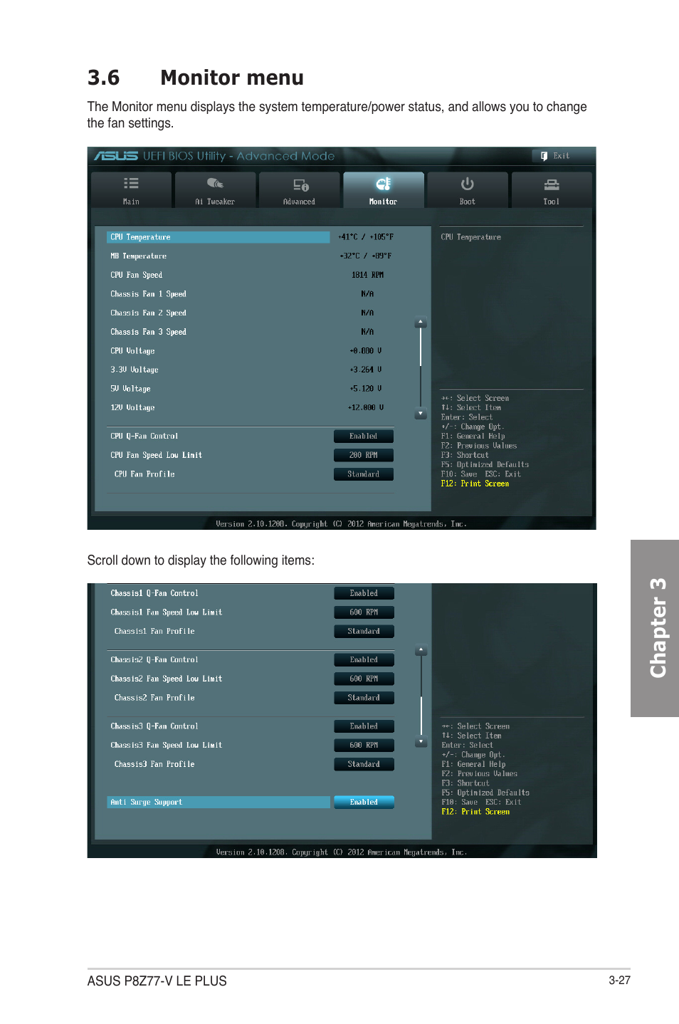 6 monitor menu, 6 monitor menu -27, Chapter 3 3.6 monitor menu | Asus P8Z77-V LE PLUS User Manual | Page 93 / 174