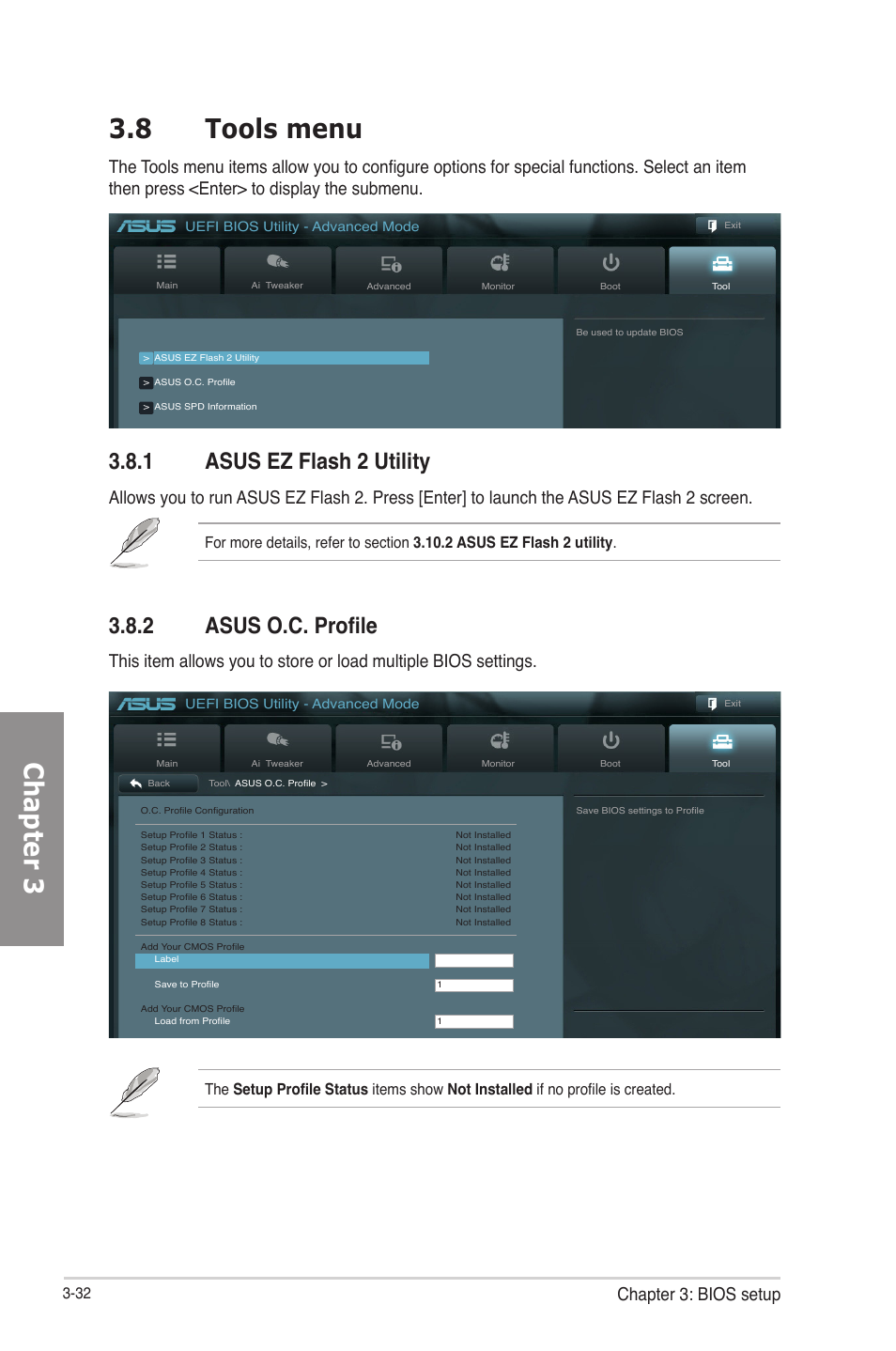 8 tools menu, 1 asus ez flash 2 utility, 2 asus o.c. profile | 8 tools menu -32, Asus ez flash 2 utility -32, Asus o.c. profile -32, Chapter 3 3.8 tools menu, Chapter 3: bios setup | Asus P8Z77-V LE PLUS User Manual | Page 98 / 174