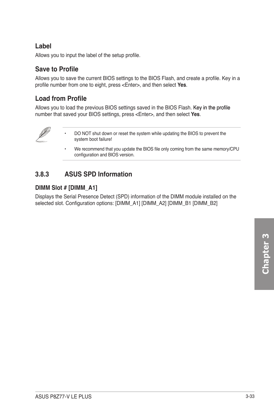 3 asus spd information, Asus spd information -33, Chapter 3 | Label, Save to profile, Load from profile | Asus P8Z77-V LE PLUS User Manual | Page 99 / 174