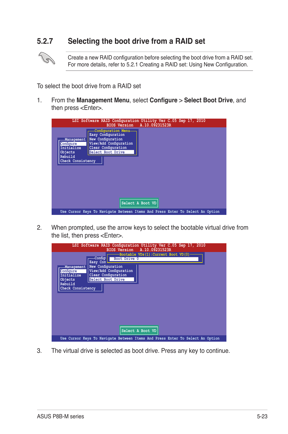 7 selecting the boot drive from a raid set, Selecting the boot drive from a raid set -23 | Asus P8B-MX User Manual | Page 109 / 150