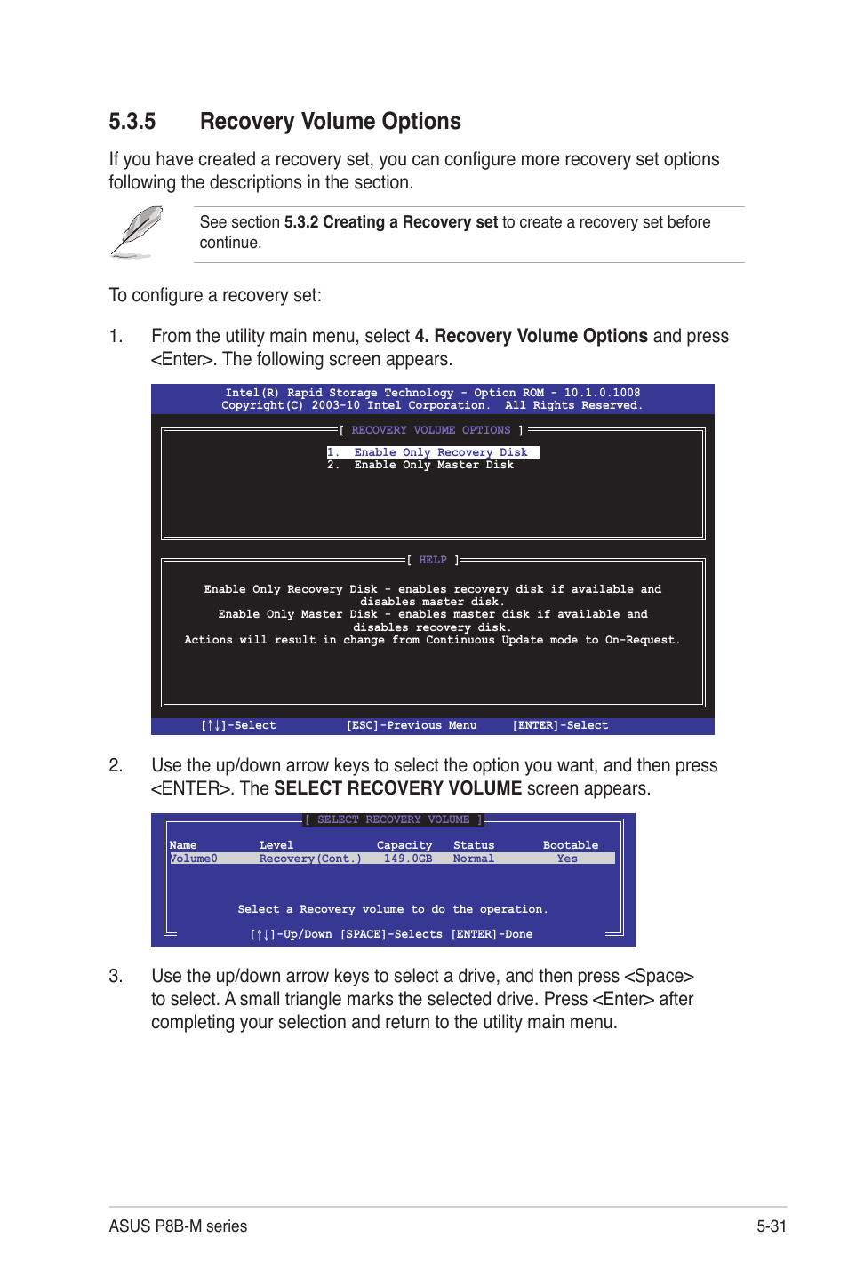 5 recovery volume options, Recovery volume options -31 | Asus P8B-MX User Manual | Page 117 / 150