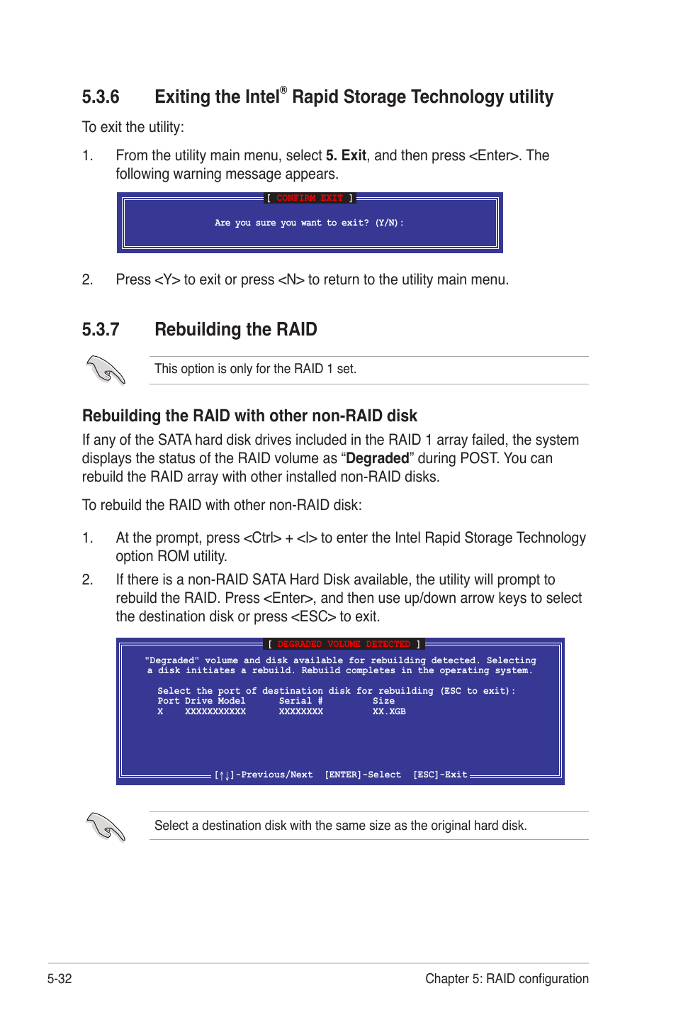 7 rebuilding the raid, Exiting the intel, Rapid storage technology utility -32 | Rebuilding the raid -32, 6 exiting the intel, Rapid storage technology utility, Rebuilding the raid with other non-raid disk | Asus P8B-MX User Manual | Page 118 / 150