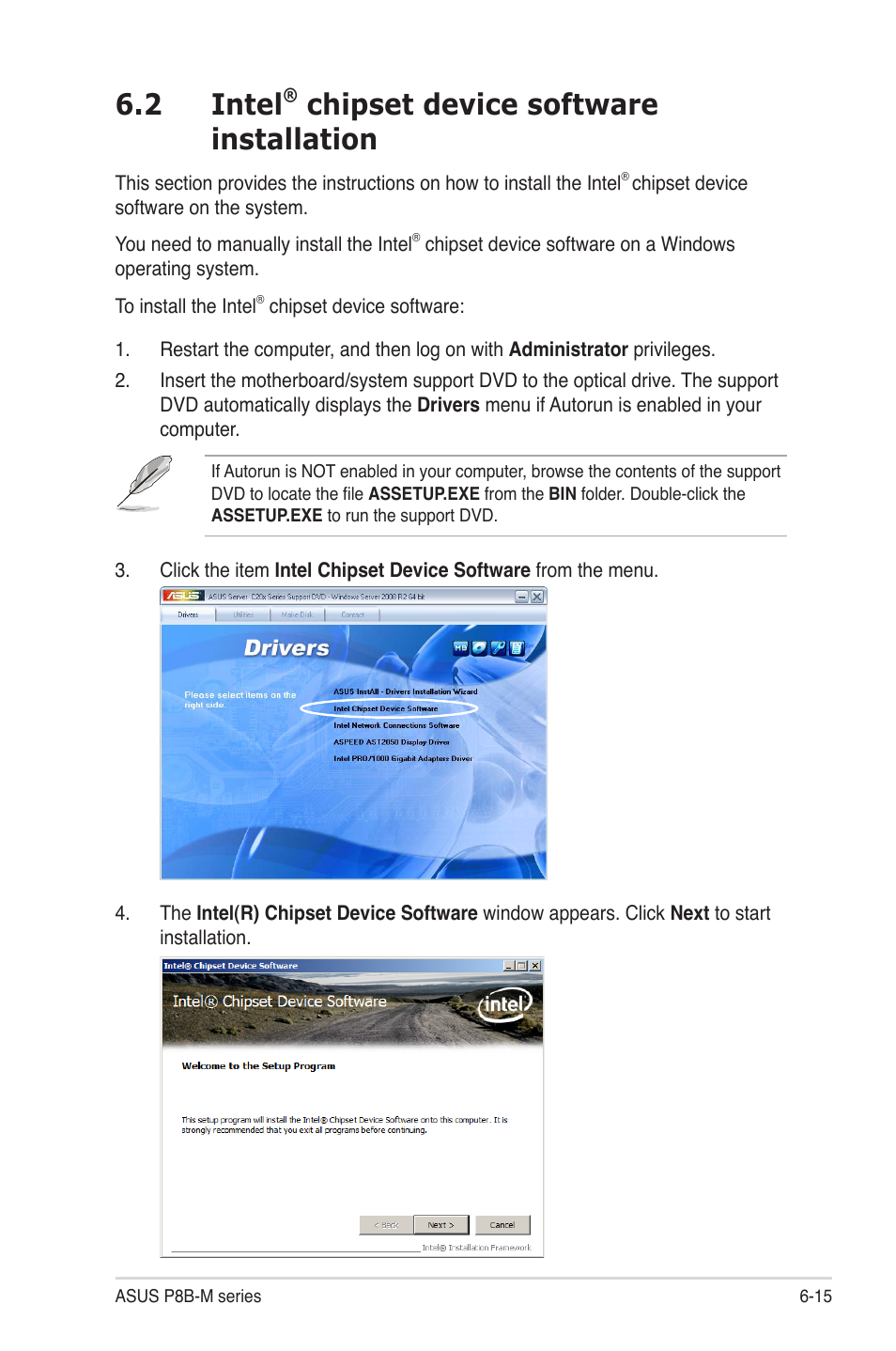 2 intel® chipset device software installation, Intel, Chipset device software installation -15 | 2 intel, Chipset device software installation | Asus P8B-MX User Manual | Page 135 / 150