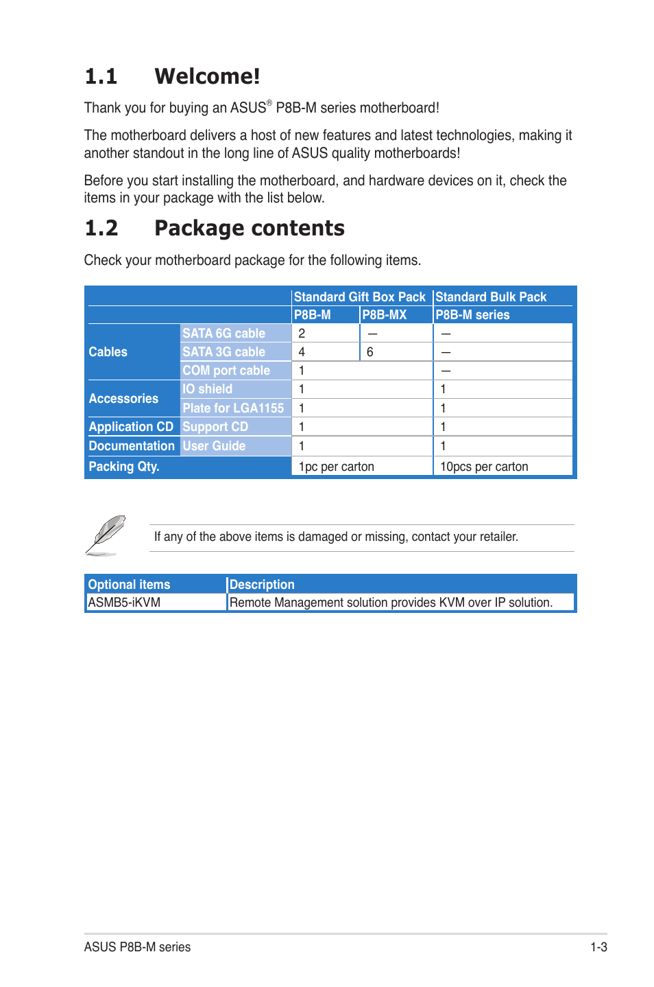 1 welcome, 2 package contents, Welcome! -3 | Package contents -3 | Asus P8B-MX User Manual | Page 15 / 150