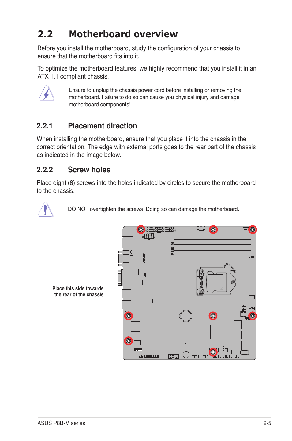 2 motherboard overview, 1 placement direction, 2 screw holes | Motherboard overview -5 2.2.1, Placement direction -5, Screw holes -5, Motherboard overview -5 | Asus P8B-MX User Manual | Page 23 / 150