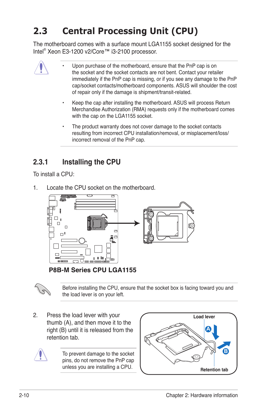 3 central processing unit (cpu), 1 installing the cpu, Central processing unit (cpu) -10 2.3.1 | Installing the cpu -10, Central processing unit (cpu) -10 | Asus P8B-MX User Manual | Page 28 / 150