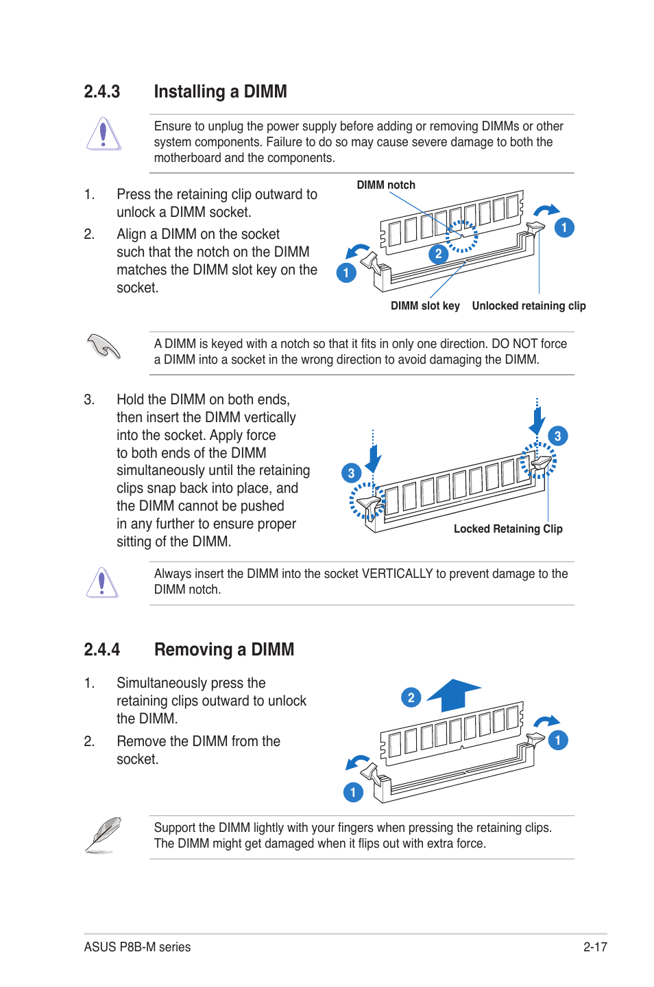 3 installing a dimm, 4 removing a dimm, Installing a dimm -17 | Removing a dimm -17 | Asus P8B-MX User Manual | Page 35 / 150