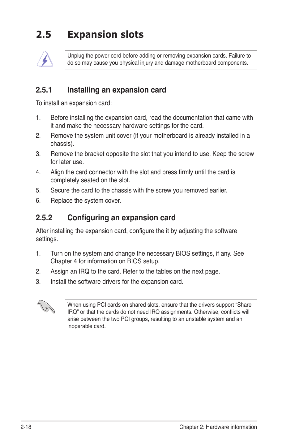 5 expansion slots, 1 installing an expansion card, 2 configuring an expansion card | Expansion slots -18 2.5.1, Installing an expansion card -18, Configuring an expansion card -18, Expansion slots -18 | Asus P8B-MX User Manual | Page 36 / 150