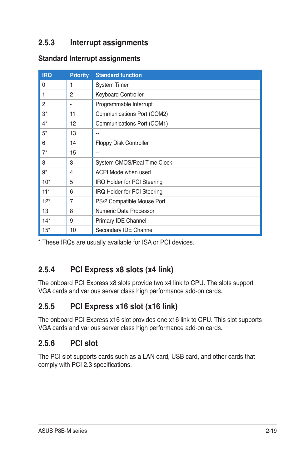 3 interrupt assignments, 4 pci express x8 slots (x4 link), 5 pci express x16 slot (x16 link) | 6 pci slot, Interrupt assignments -19, Pci express x8 slots (x4 link) -19, Pci express x16 slot (x16 link) -19, Pci slot -19, Standard interrupt assignments | Asus P8B-MX User Manual | Page 37 / 150