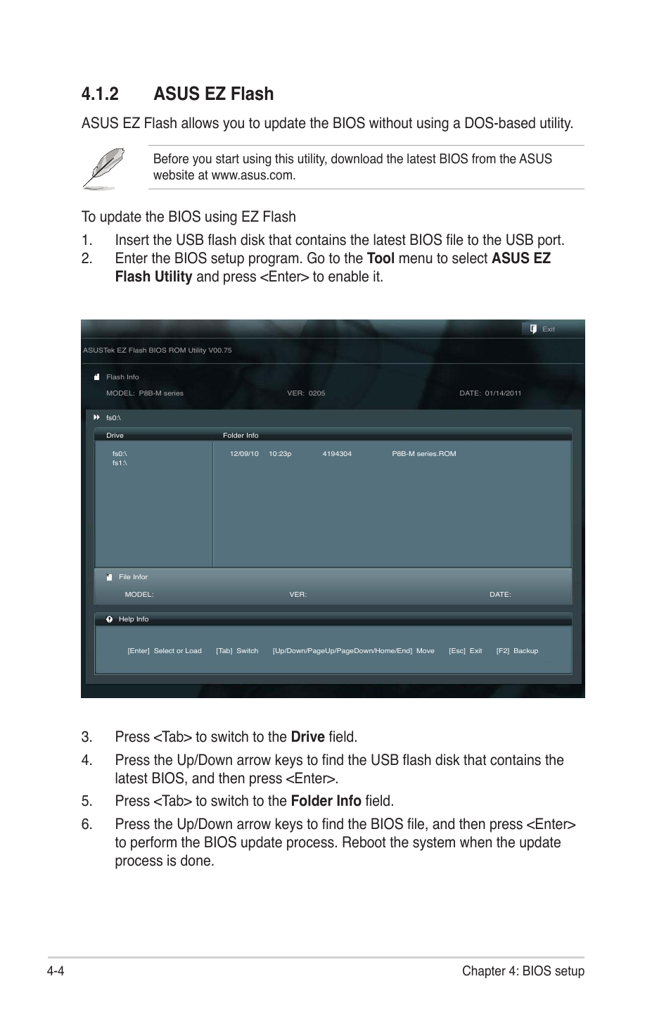 2 asus ez flash, Asus ez flash -4, 4 chapter 4: bios setup | Asus P8B-MX User Manual | Page 62 / 150