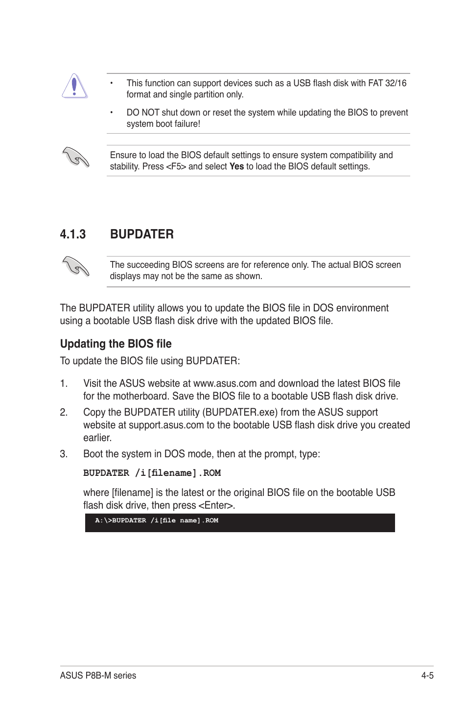 3 bupdater, Bupdater -5, Updating the bios file | Asus P8B-MX User Manual | Page 63 / 150