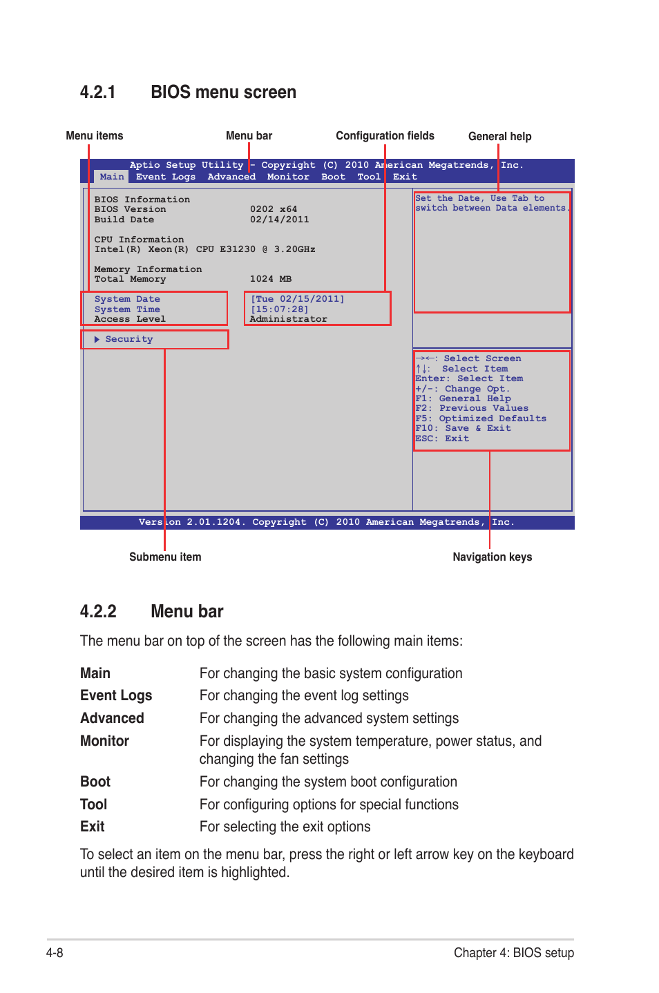 1 bios menu screen, 2 menu bar, Bios menu screen -8 | Menu bar -8 | Asus P8B-MX User Manual | Page 66 / 150