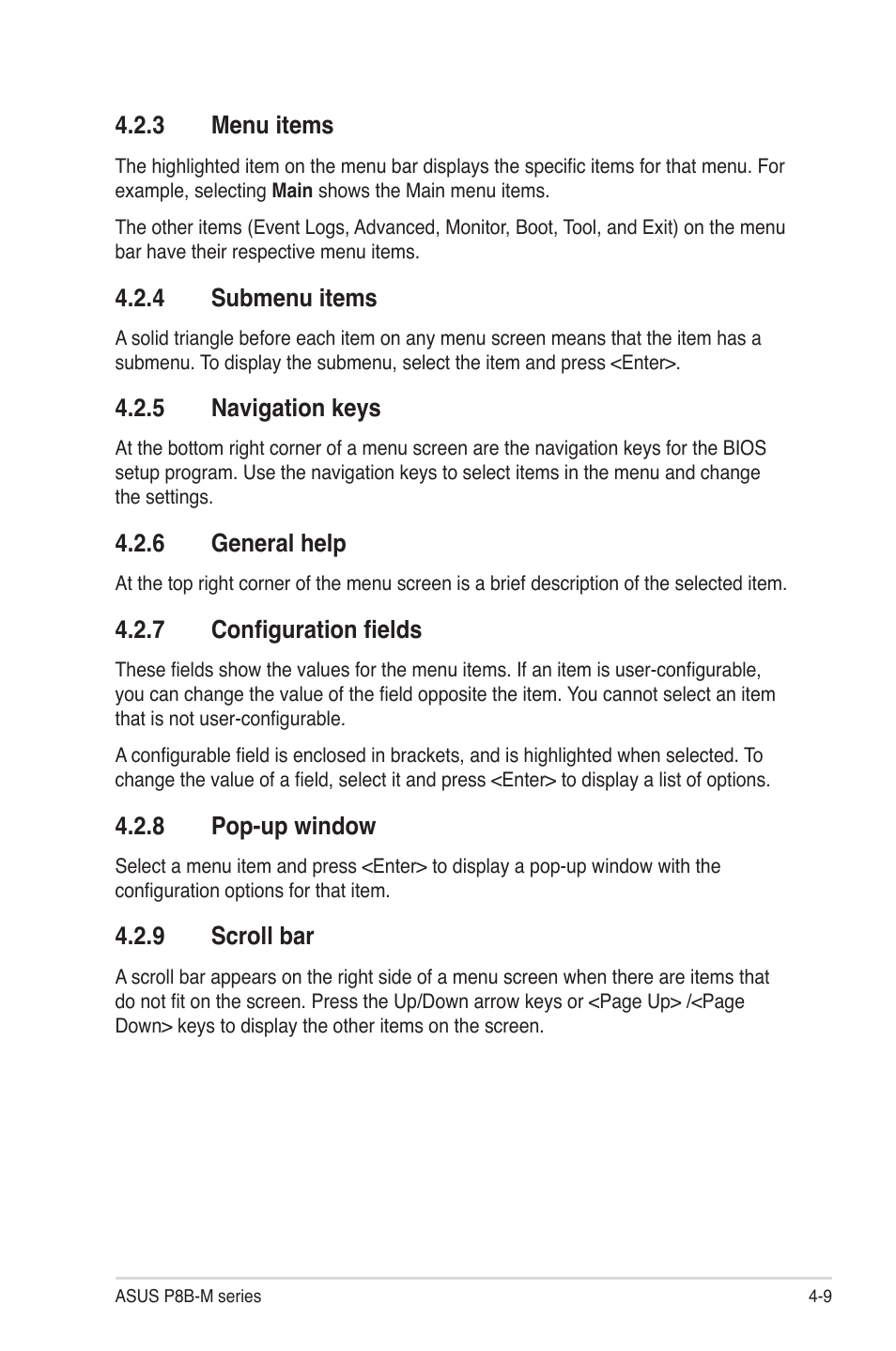 3 menu items, 4 submenu items, 5 navigation keys | 6 general help, 7 configuration fields, 8 pop-up window, 9 scroll bar, Menu items -9, Submenu items -9, Navigation keys -9 | Asus P8B-MX User Manual | Page 67 / 150