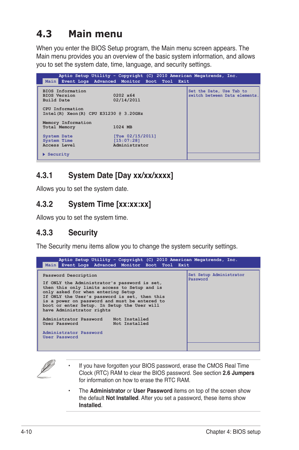 3 main menu, 1 system date [day xx/xx/xxxx, 2 system time [xx:xx:xx | 3 security, Main menu -10 4.3.1, System date [day xx/xx/xxxx] -10, System time [xx:xx:xx] -10, Security -10, Allows you to set the system date, Allows you to set the system time | Asus P8B-MX User Manual | Page 68 / 150