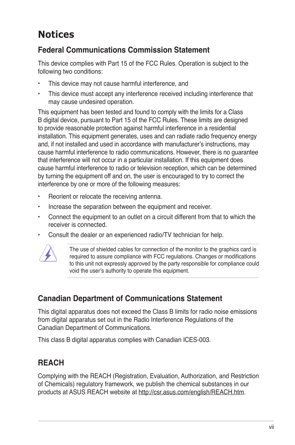 Notices, Federal communications commission statement, Canadian department of communications statement | Reach | Asus P8B-MX User Manual | Page 7 / 150