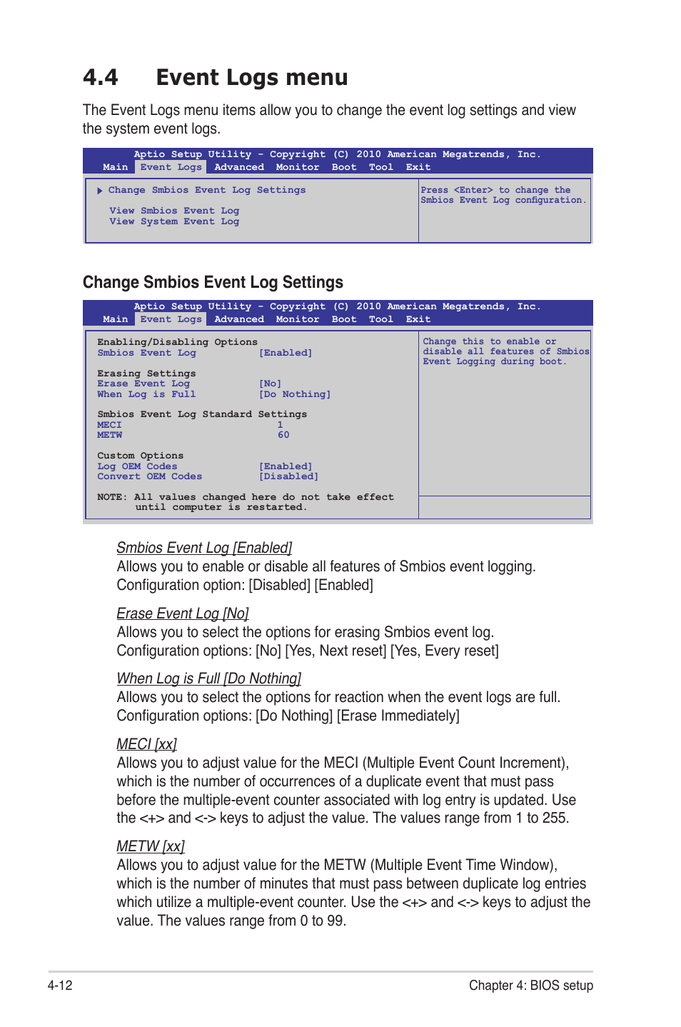 4 event logs menu, Event logs menu -12, Change smbios event log settings | Asus P8B-MX User Manual | Page 70 / 150