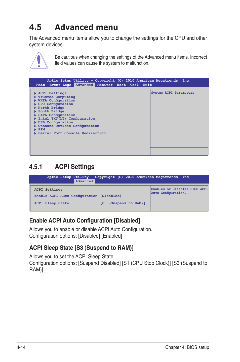 5 advanced menu, 1 acpi settings, Advanced menu -14 4.5.1 | Acpi settings -14, Enable acpi auto configuration [disabled, Acpi sleep state [s3 (suspend to ram) | Asus P8B-MX User Manual | Page 72 / 150