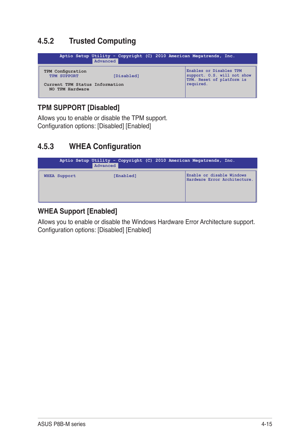 2 trusted computing, 3 whea configuration, Trusted computing -15 | Whea configuration -15, Tpm support [disabled, Whea support [enabled | Asus P8B-MX User Manual | Page 73 / 150