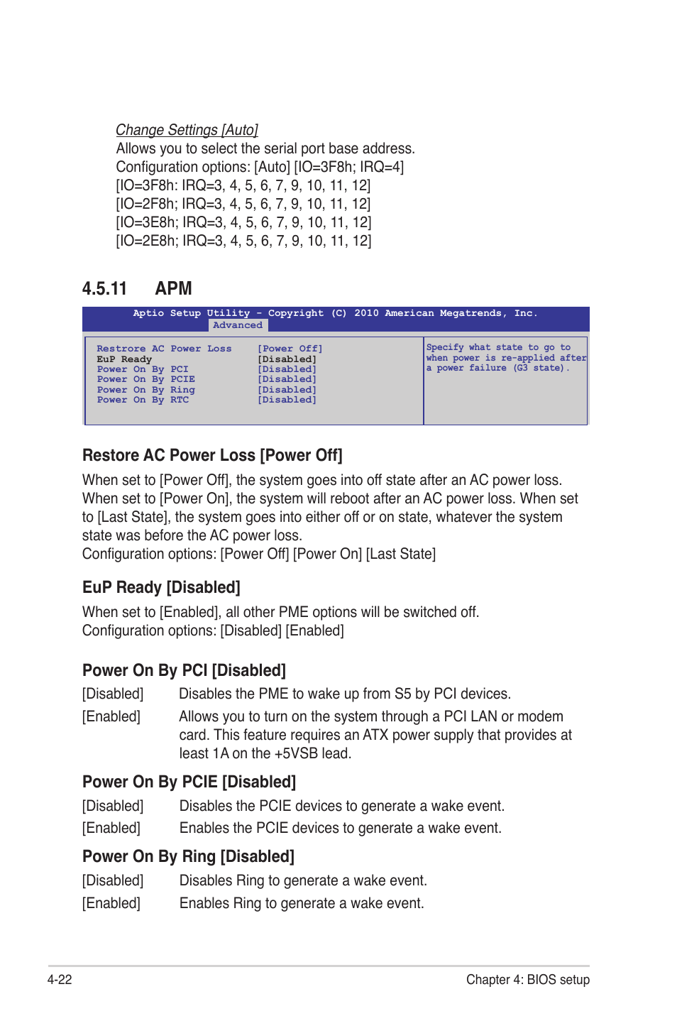 11 apm, 11 apm -22, Restore ac power loss [power off | Eup ready [disabled, Power on by pci [disabled, Power on by pcie [disabled, Power on by ring [disabled | Asus P8B-MX User Manual | Page 80 / 150