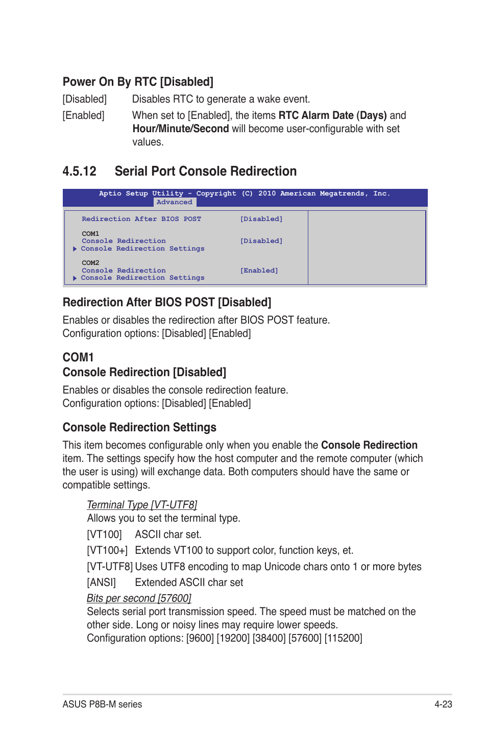 12 serial port console redirection, 12 serial port console redirection -23, Power on by rtc [disabled | Redirection after bios post [disabled, Com1 console redirection [disabled, Console redirection settings | Asus P8B-MX User Manual | Page 81 / 150