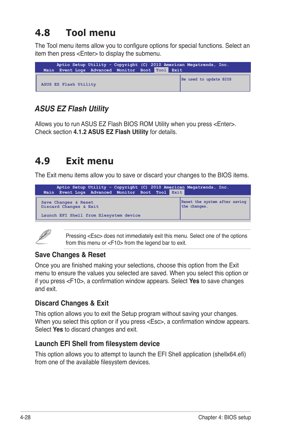 8 tool menu, 9 exit menu, Tool menu -28 | Exit menu -28, Asus ez flash utility, Save changes & reset, Discard changes & exit, Launch efi shell from filesystem device | Asus P8B-MX User Manual | Page 86 / 150