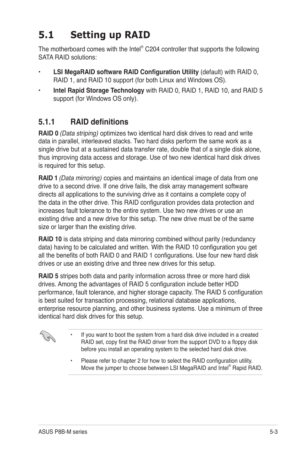 1 setting up raid, 1 raid definitions, Setting up raid -3 5.1.1 | Raid definitions -3 | Asus P8B-MX User Manual | Page 89 / 150