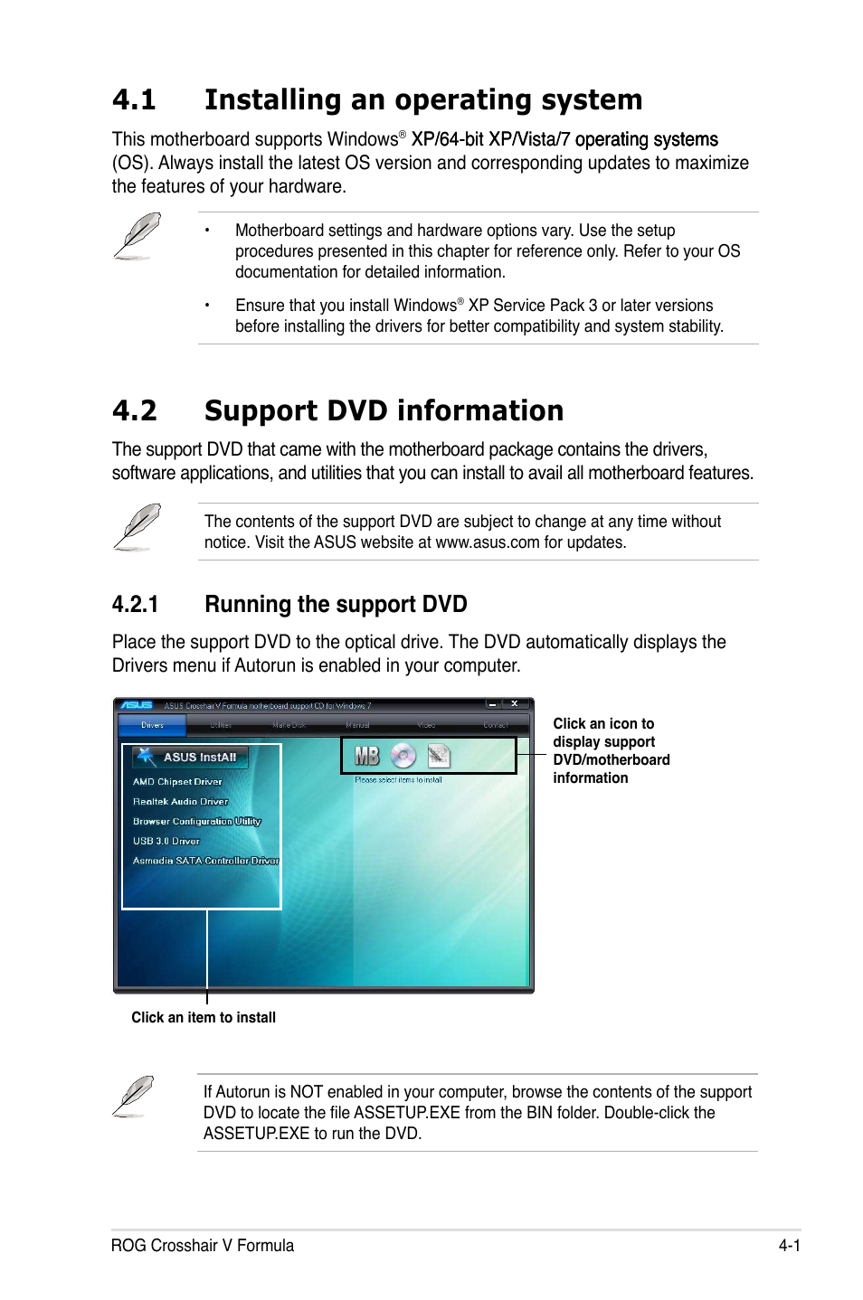 Chapter 4: software support, 1 installing an operating system, 2 support dvd information | Running.the.support.dvd | Asus Crosshair V Formula/ThunderBolt User Manual | Page 135 / 193