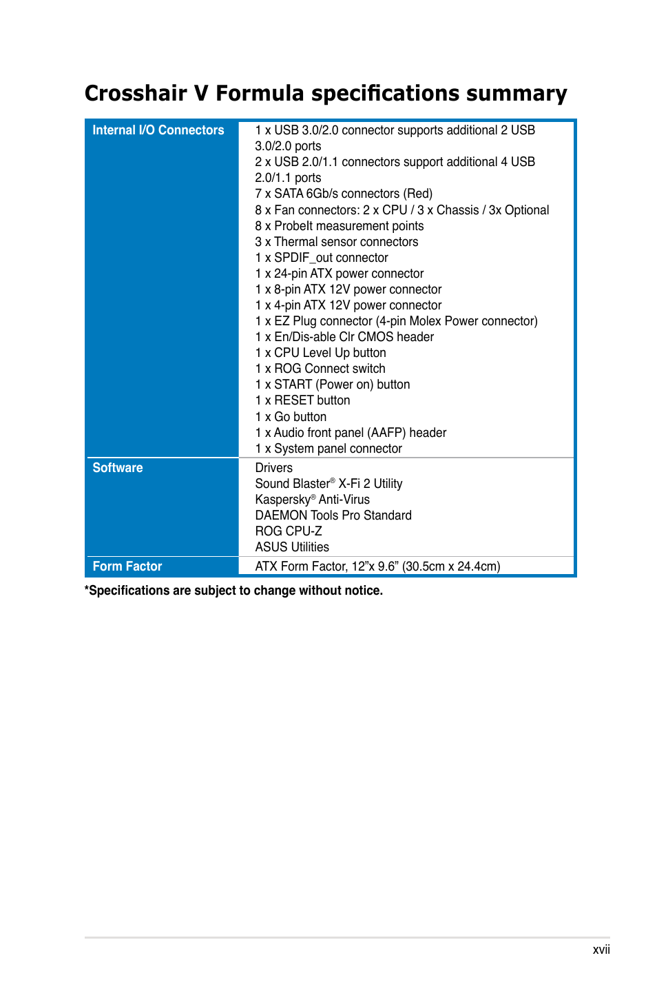 Crosshair v formula specifications summary | Asus Crosshair V Formula/ThunderBolt User Manual | Page 17 / 193