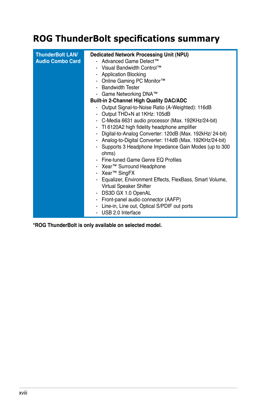 Rog thunderbolt specifications summary | Asus Crosshair V Formula/ThunderBolt User Manual | Page 18 / 193
