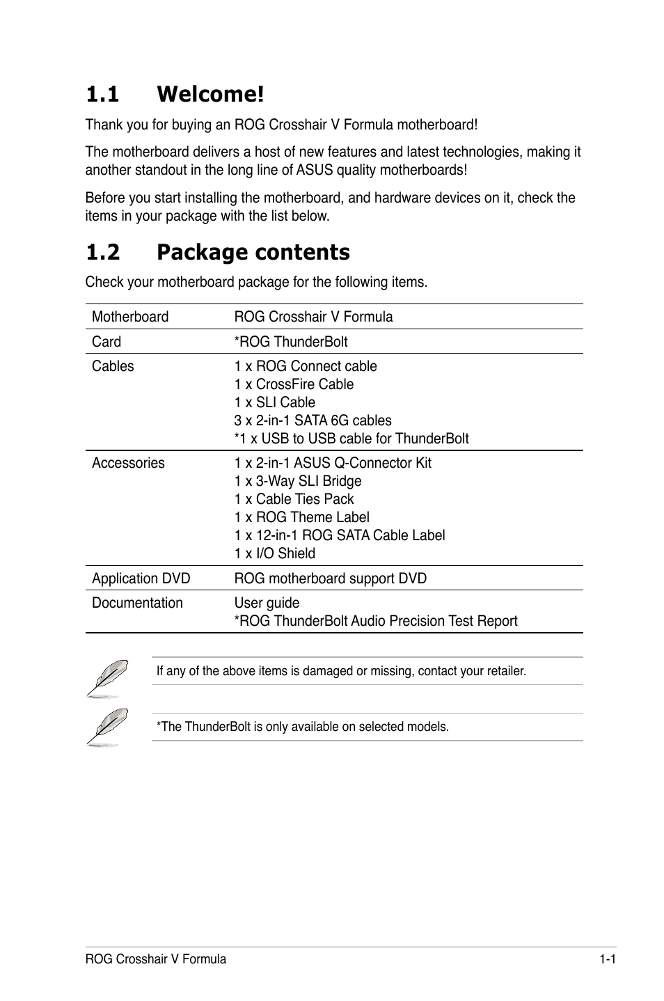 1 welcome, 2 package contents | Asus Crosshair V Formula/ThunderBolt User Manual | Page 21 / 193