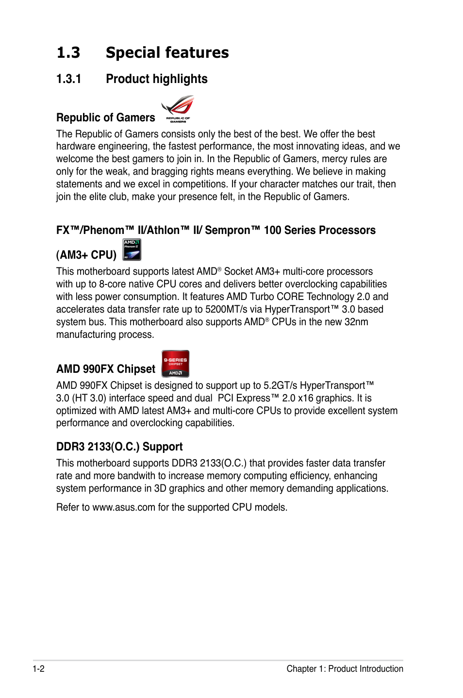 3 special features, Product.highlights, Chapter 2: hardware information | Asus Crosshair V Formula/ThunderBolt User Manual | Page 22 / 193