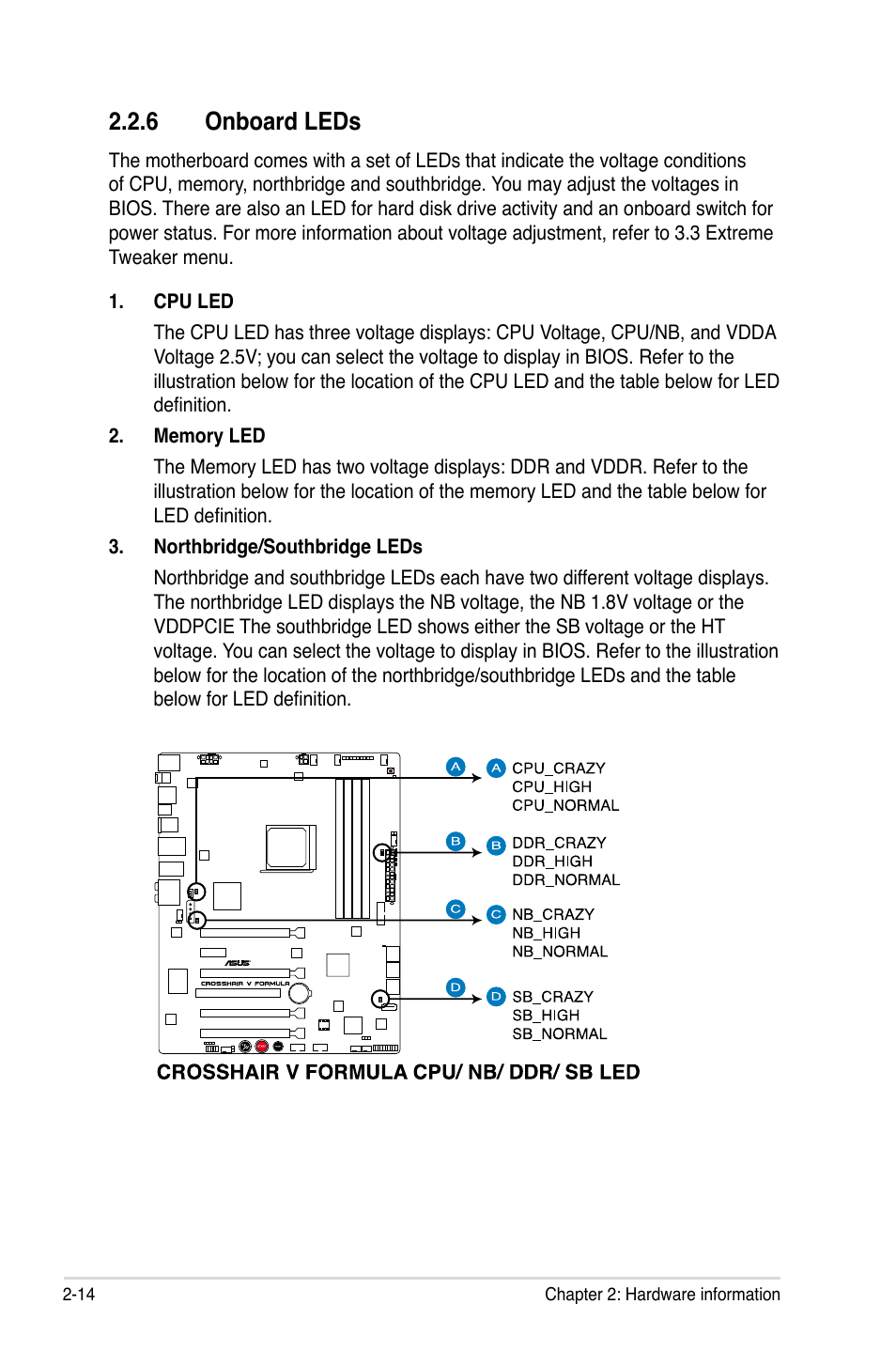 Onboard.leds | Asus Crosshair V Formula/ThunderBolt User Manual | Page 44 / 193