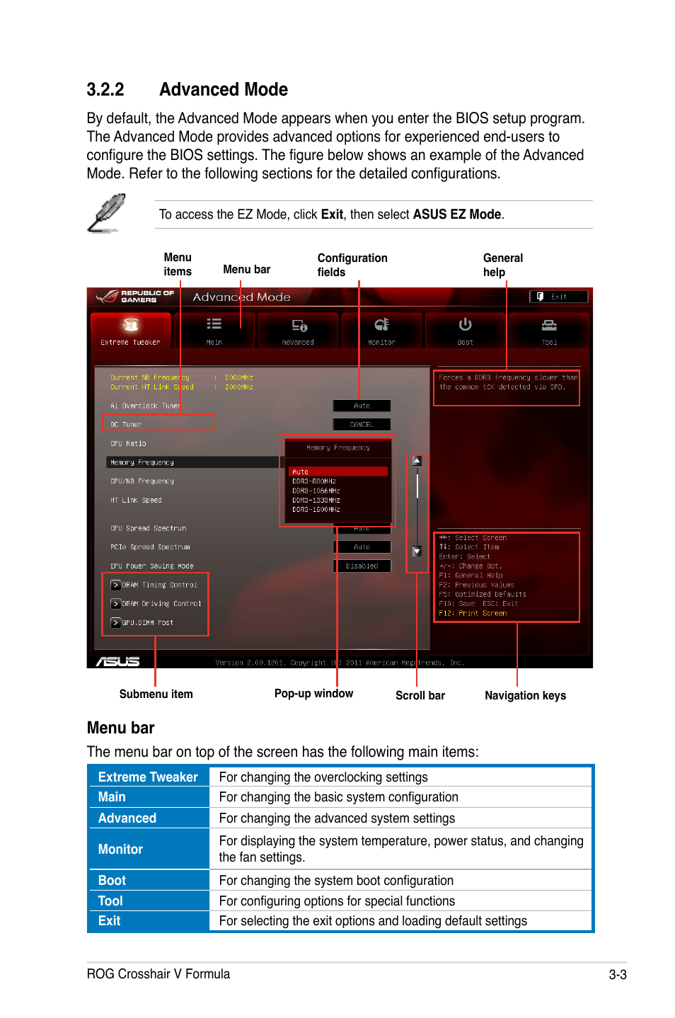 Advanced.mode, Menu.bar | Asus Crosshair V Formula/ThunderBolt User Manual | Page 87 / 193