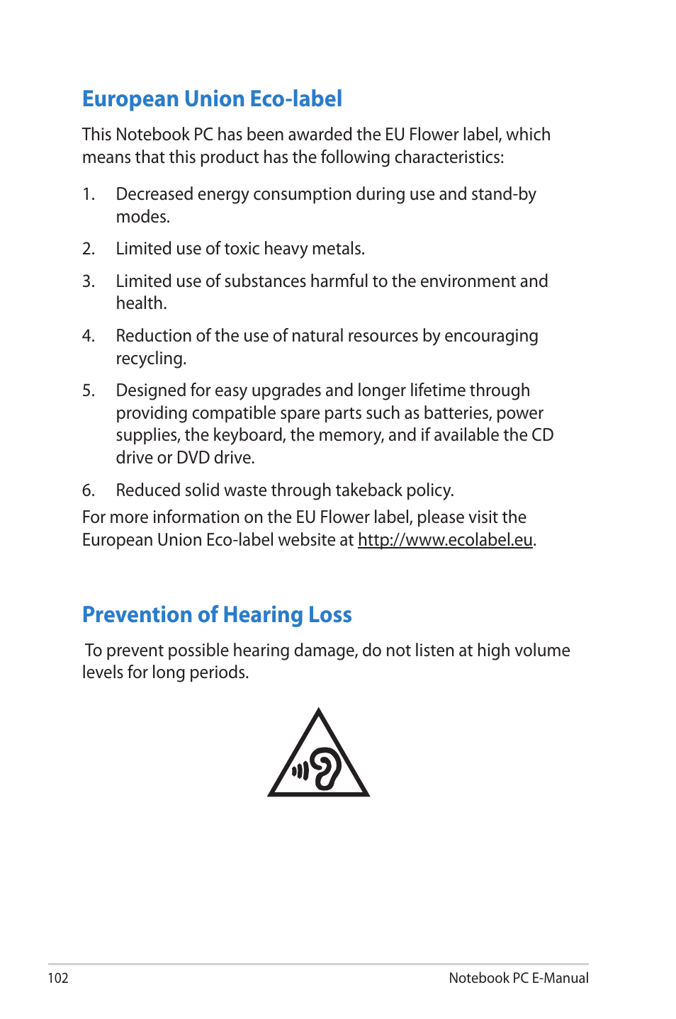 European union eco-label, Prevention of hearing loss | Asus UX51VZ User Manual | Page 102 / 104