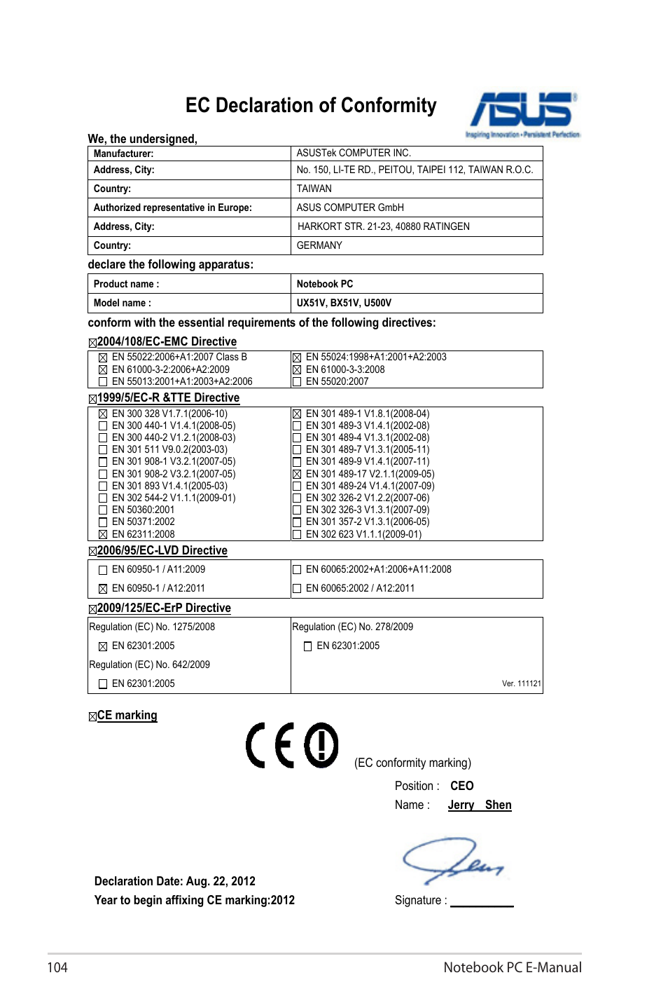 Ec declaration of conformity | Asus UX51VZ User Manual | Page 104 / 104