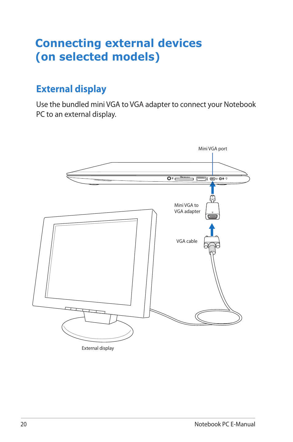 Connecting external devices (on selected models), External display | Asus UX51VZ User Manual | Page 20 / 104