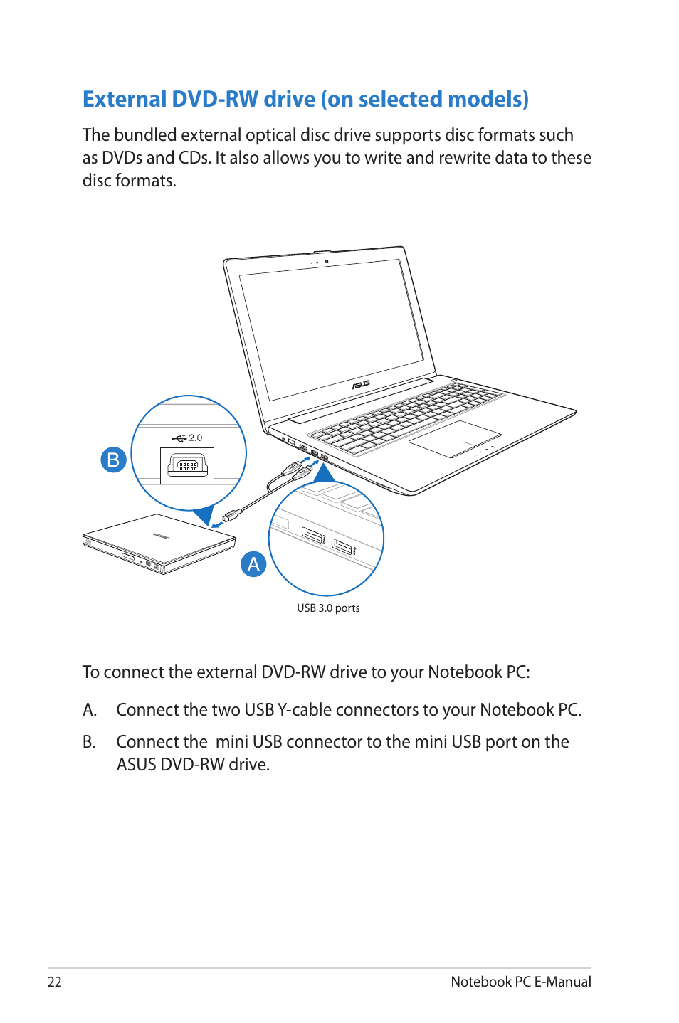 External dvd-rw drive (on selected models) | Asus UX51VZ User Manual | Page 22 / 104