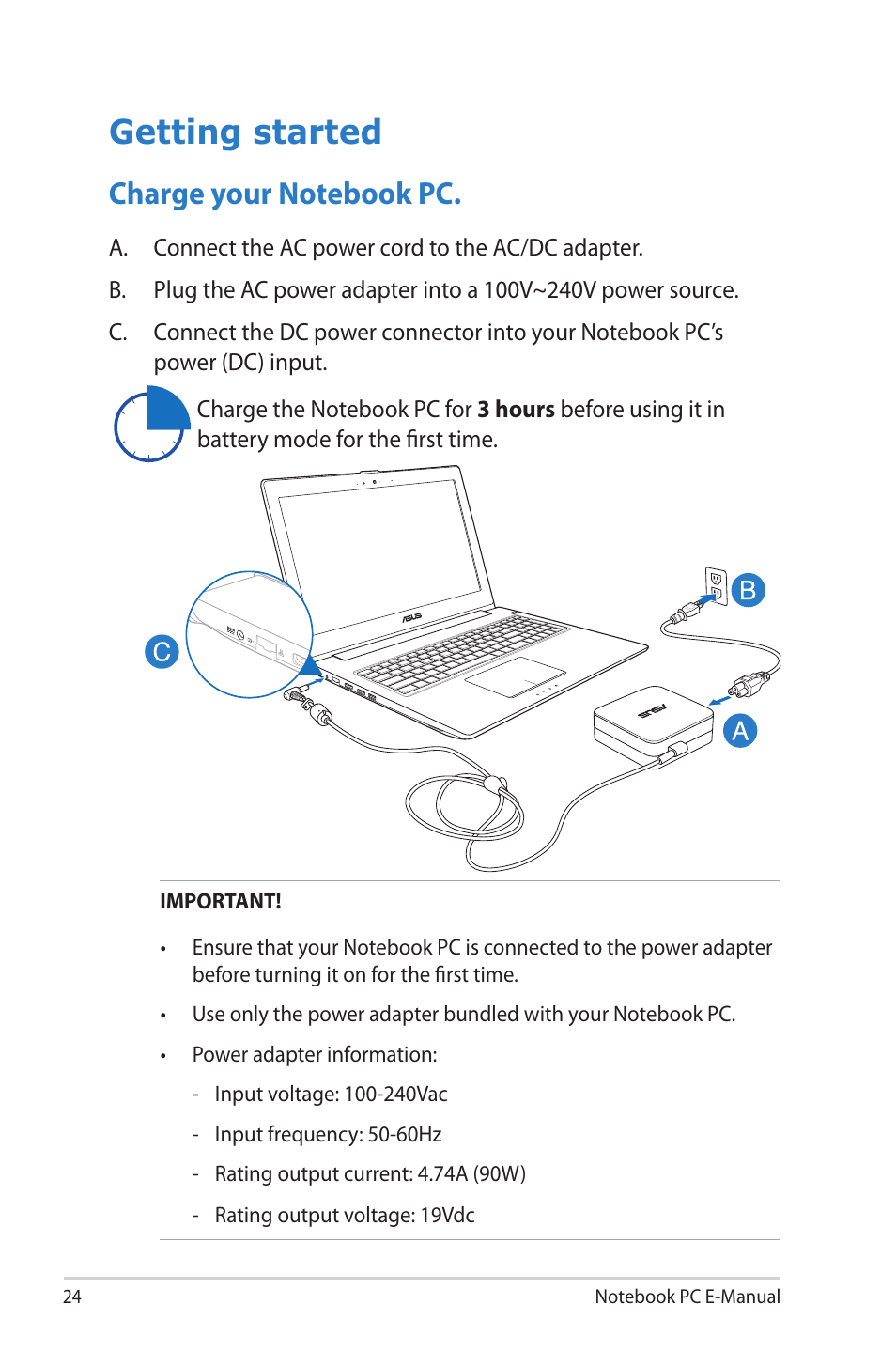 Getting started, Charge your notebook pc | Asus UX51VZ User Manual | Page 24 / 104