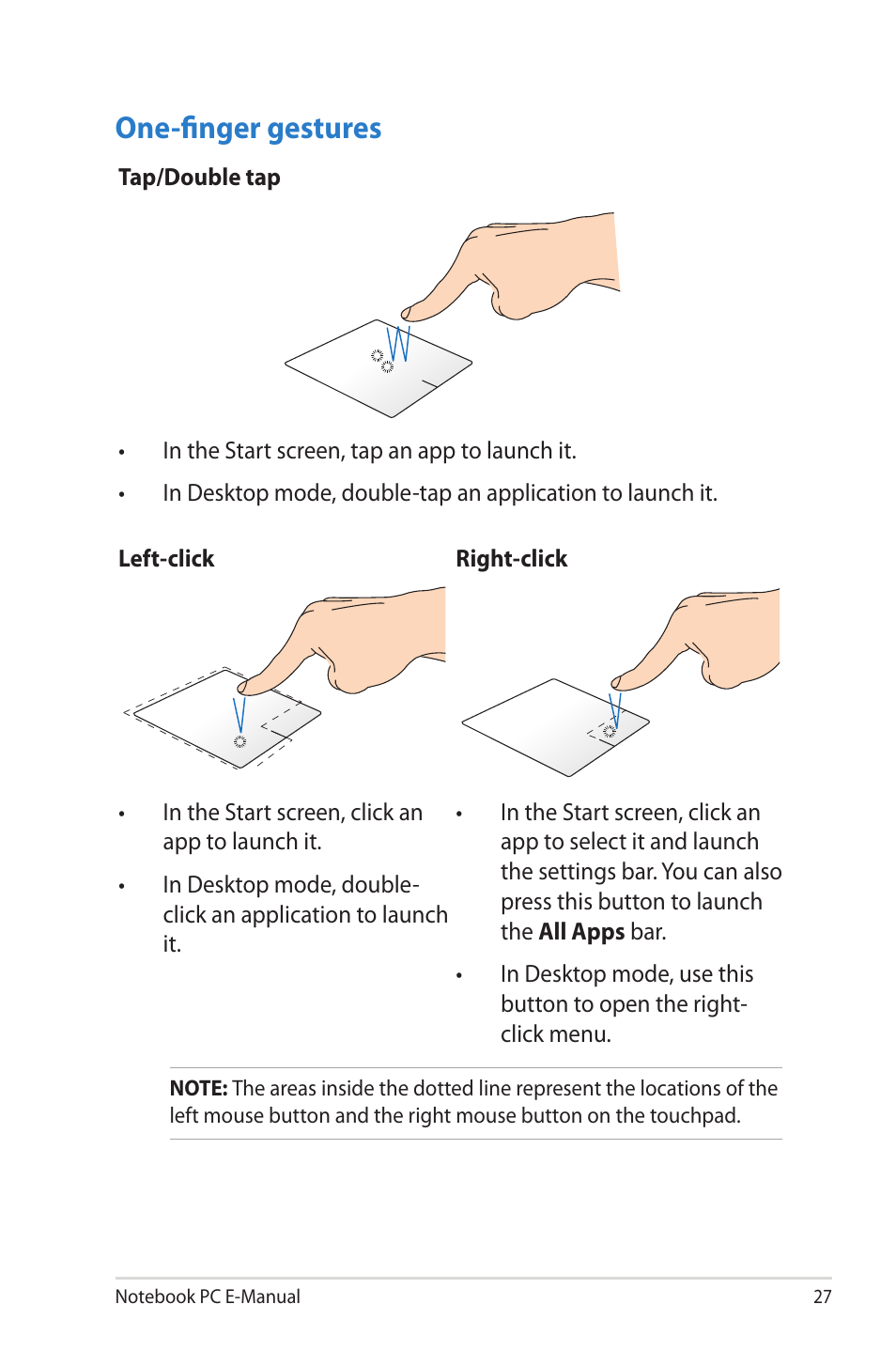 One-finger gestures | Asus UX51VZ User Manual | Page 27 / 104