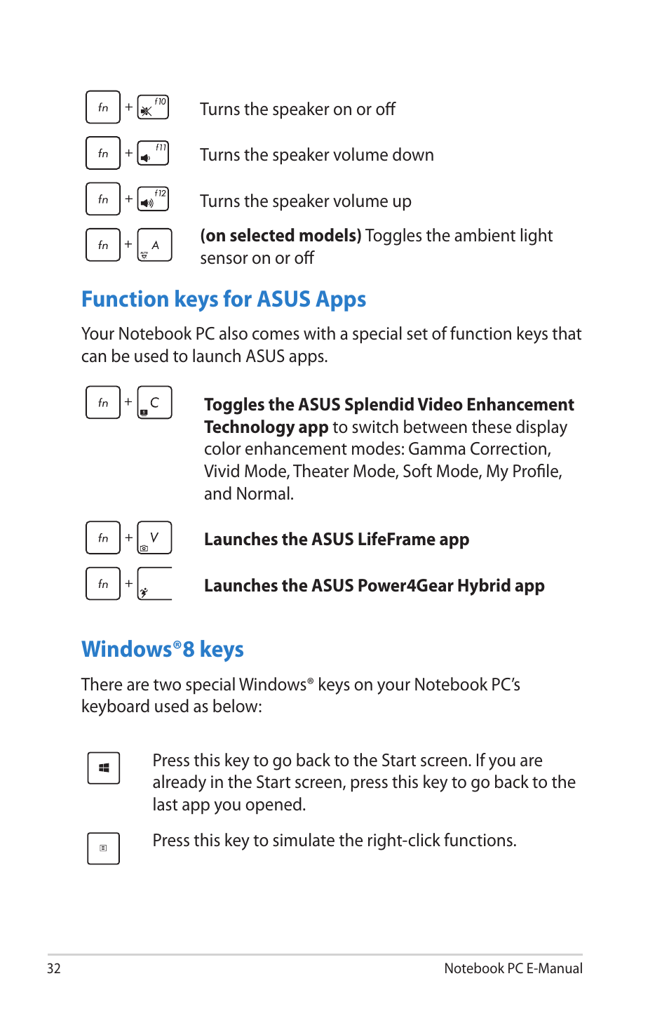 Function keys for asus apps, Windows®8 keys, Function keys for asus apps windows®8 keys | Asus UX51VZ User Manual | Page 32 / 104