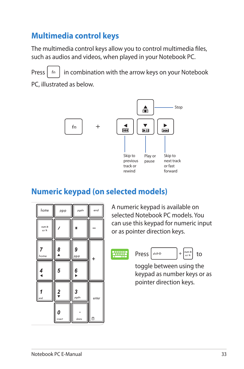 Multimedia control keys, Numeric keypad (on selected models) | Asus UX51VZ User Manual | Page 33 / 104